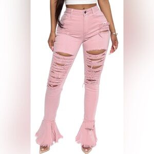 Pink Distressed Flare Skinny Jeans